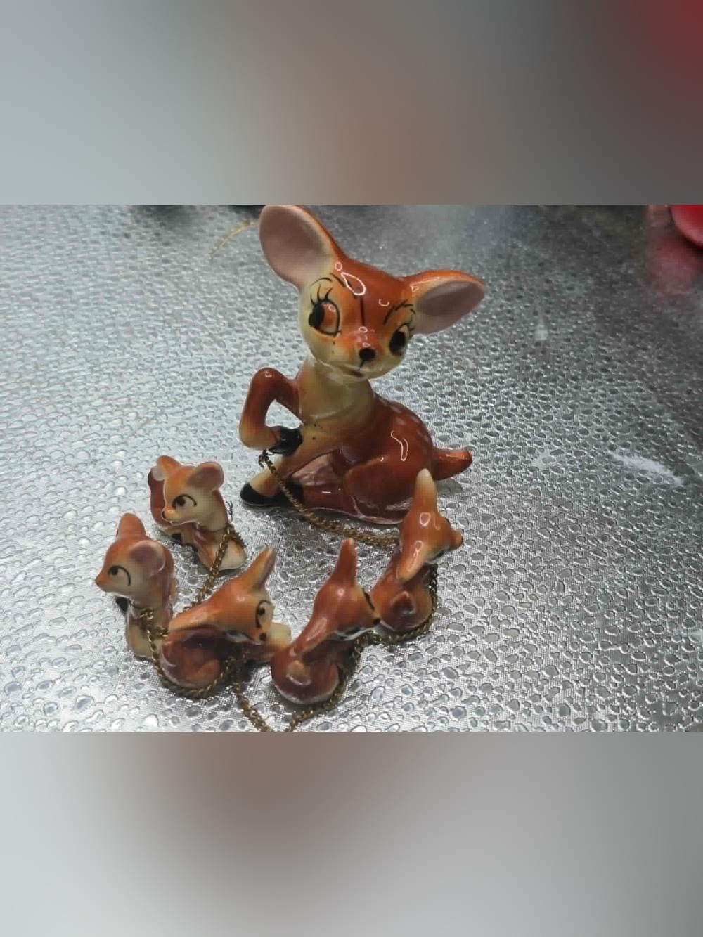 RARE Big Eye Anthropomorphic Deer Family Doe & Fawns on Chain MCM Kitsch ENESCO